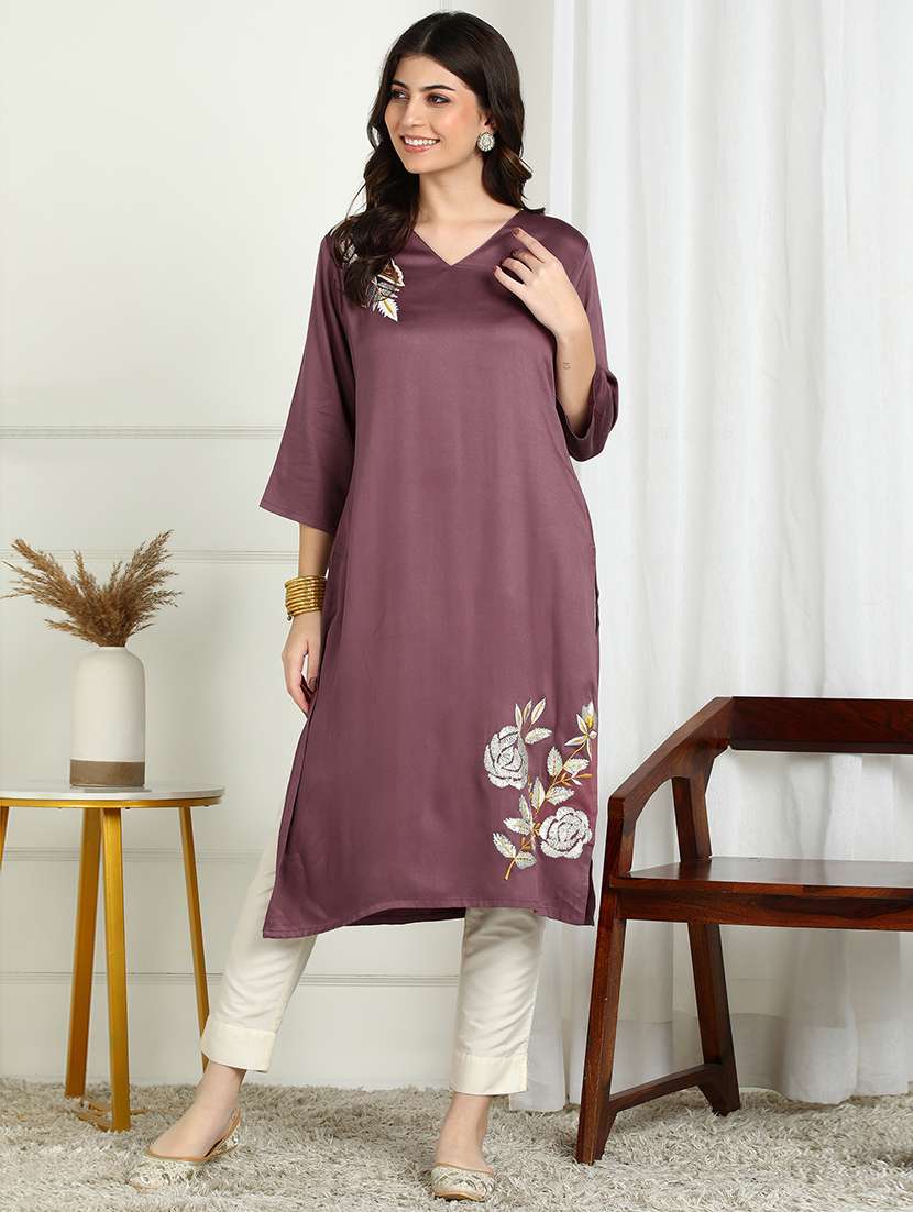 women solid with work three quarter sleeve straight kurta