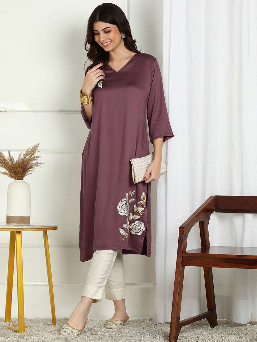 women solid with work three quarter sleeve straight kurta - 22227437 -  Standard Image - 1