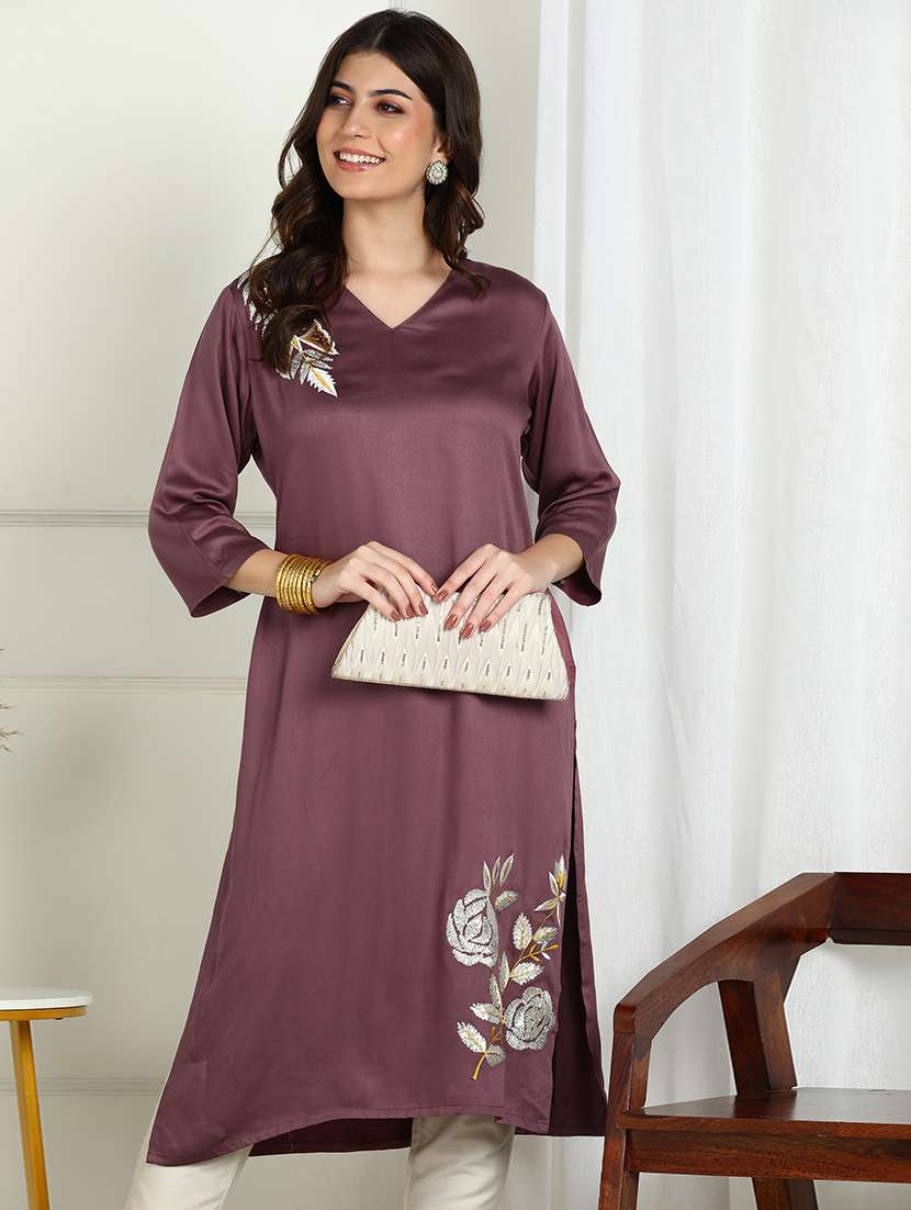 women solid with work three quarter sleeve straight kurta - 22227437 -  Standard Image - 4