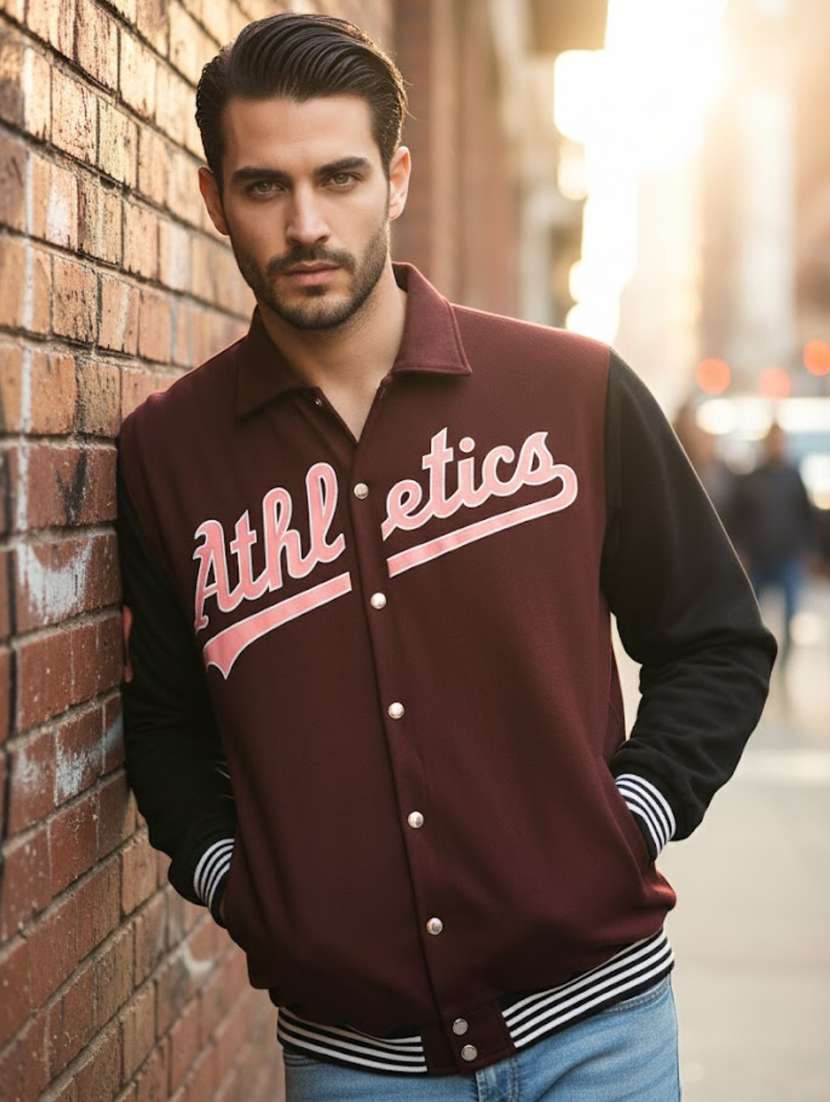 men color block henley neck varsity jacket - 22227443 -  Standard Image - 1