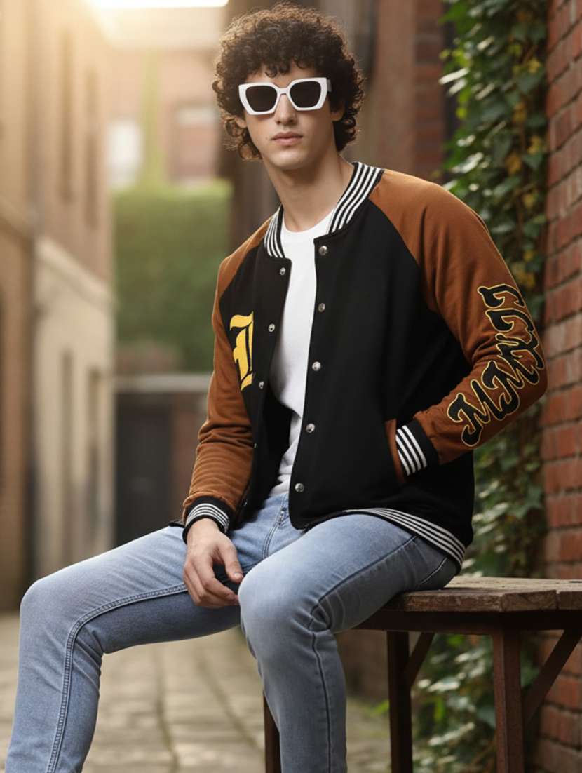 men color block henley neck varsity jacket