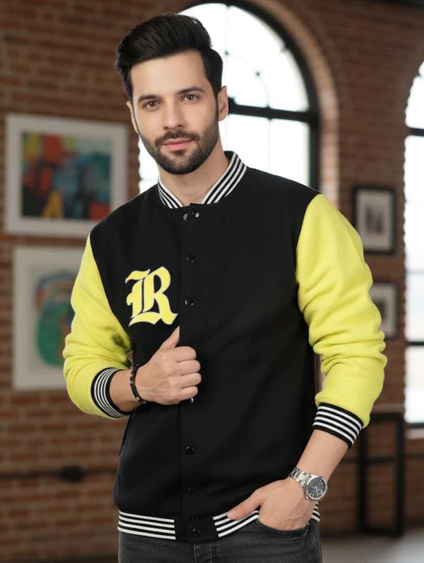 men color block henley neck varsity jacket