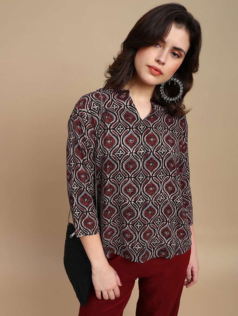 women printed three quarter sleeve a-line ethnic top - 22227483 -  Standard Image - 1