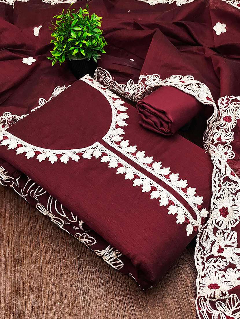 women solid with work embroidered unstitched suit set