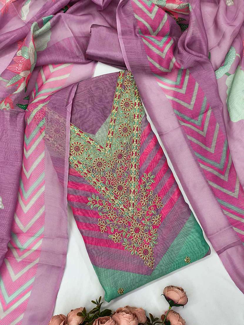 women printed embroidered unstitched suit set - 22227545 -  Standard Image - 1