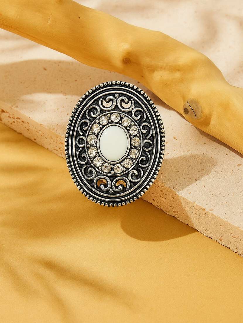 silver plated statement ring with mirror center & intricate filigree design - 22227587 -  Standard Image - 1