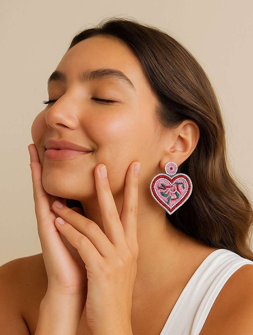 floral beaded heart shaped handmade earrings