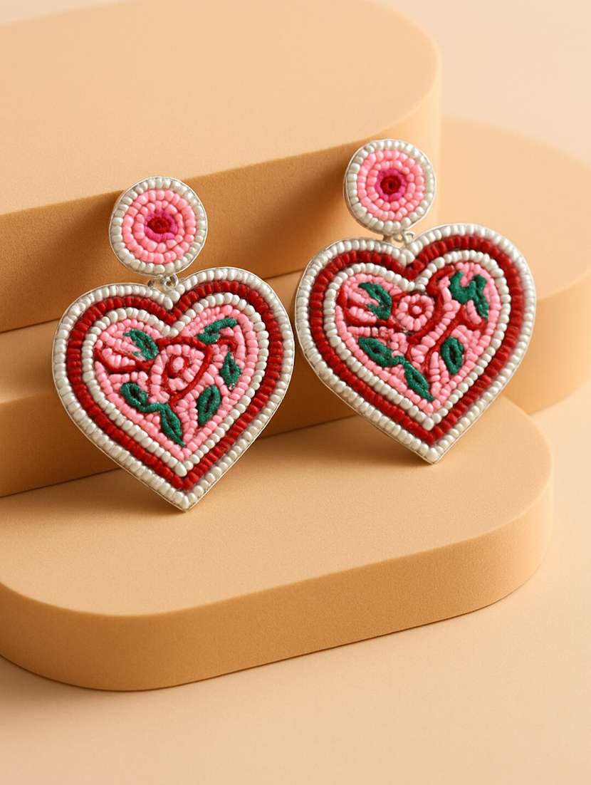 floral beaded heart shaped handmade earrings - 22227599 -  Standard Image - 1