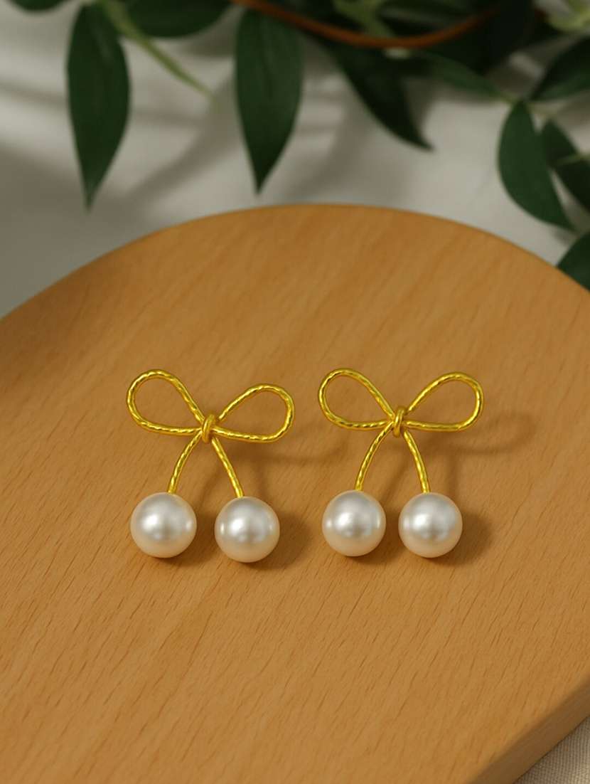 women gold alloy bow drop earring - 22227610 -  Standard Image - 1