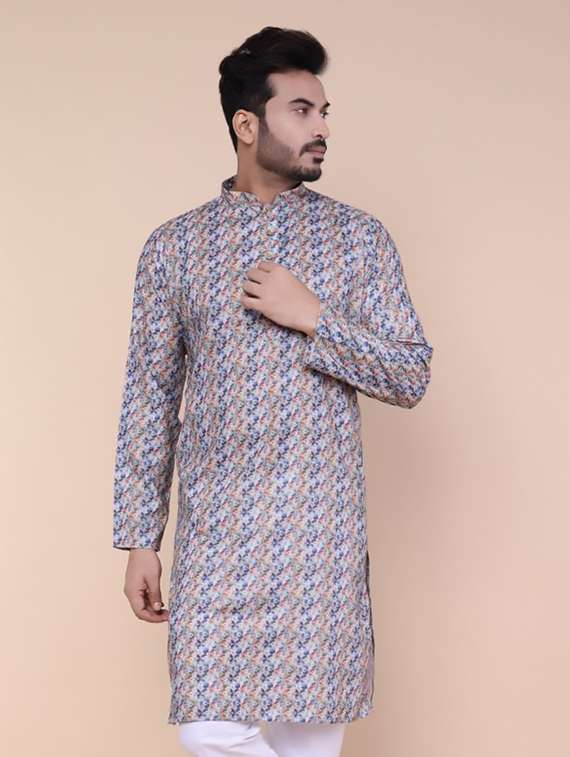 men printed mandarin neck long kurta