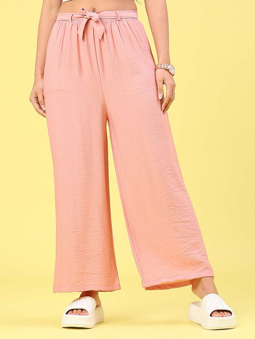 women solid mid rise wide leg trouser