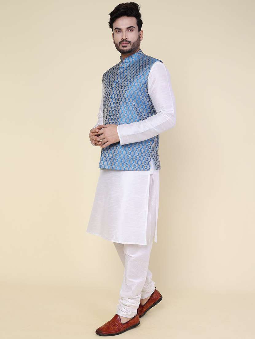 men solid mandarin neck kurta pyjama with jacket ethnic wear set - 22227984 -  Standard Image - 1
