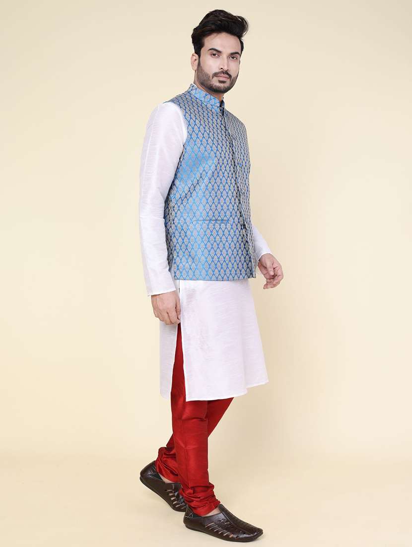men solid mandarin neck kurta pyjama with jacket ethnic wear set - 22227987 -  Standard Image - 1