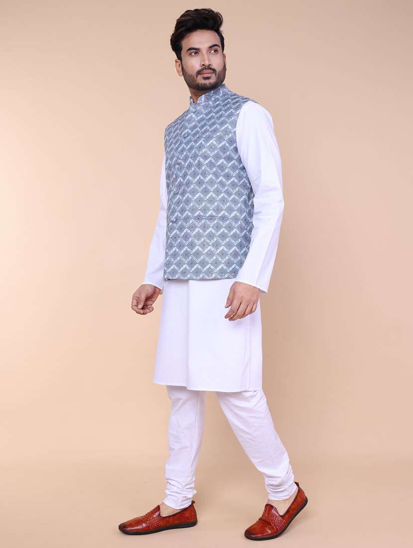 men solid mandarin neck kurta pyjama with jacket ethnic wear set - 22227990 -  Standard Image - 1