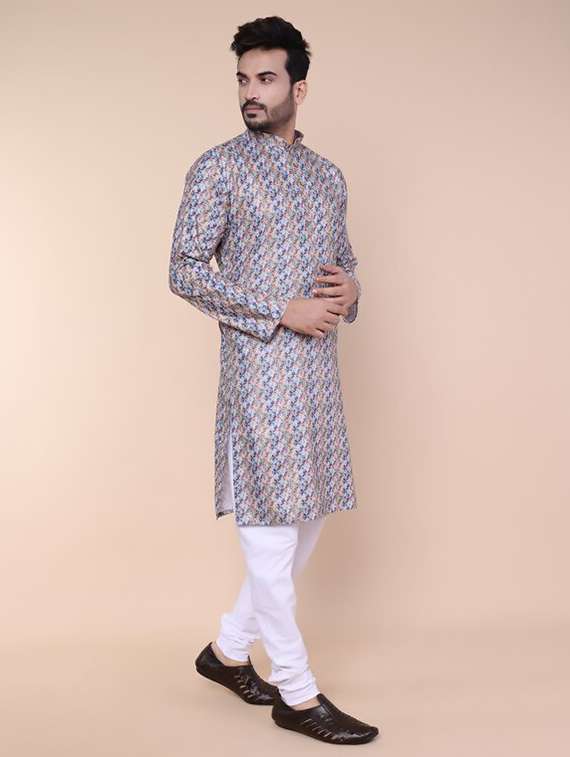 men printed mandarin neck kurta churidar set - 22227991 -  Standard Image - 1