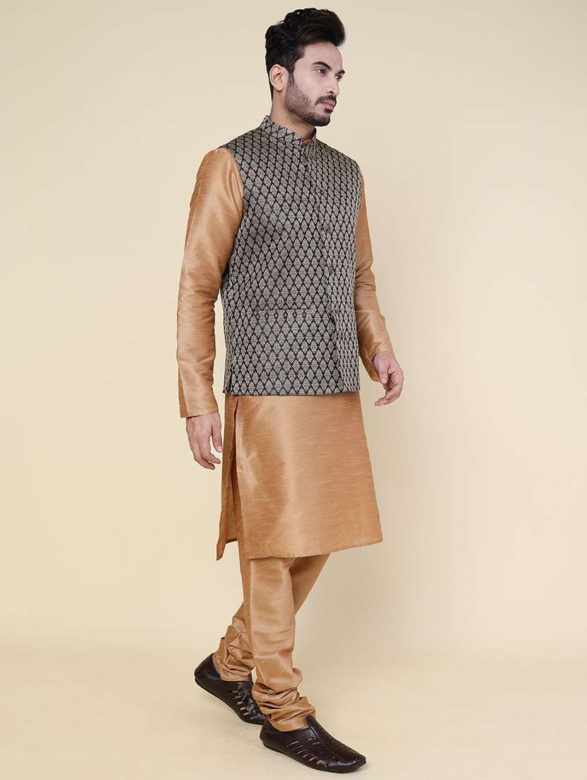 men solid mandarin neck kurta pyjama with jacket ethnic wear set - 22227996 -  Standard Image - 1