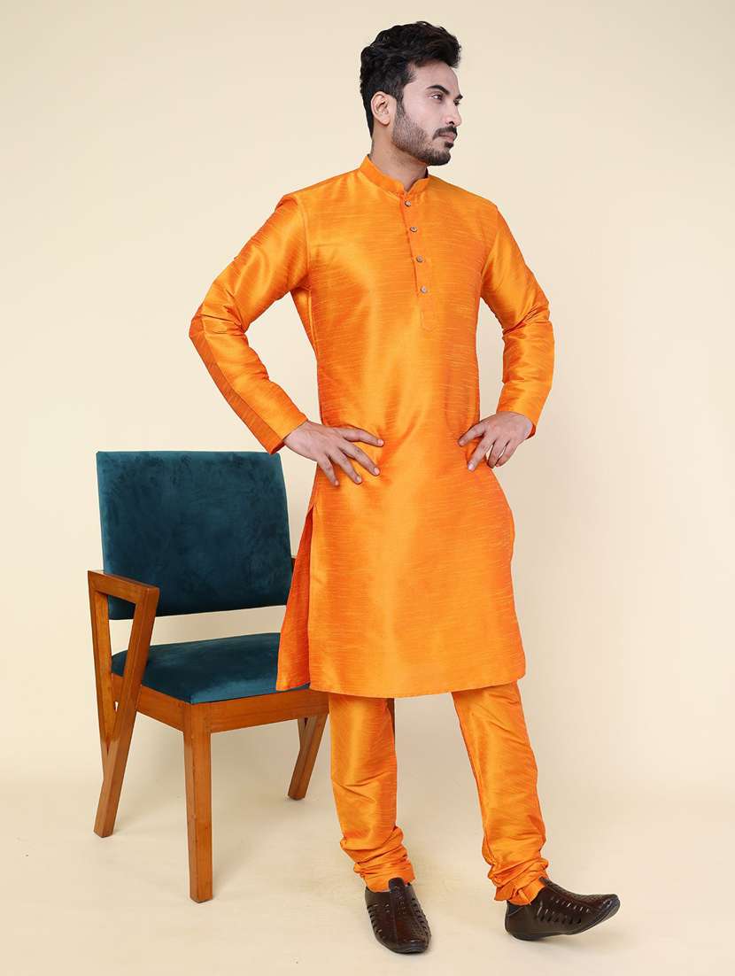 men solid long sleeve kurta churidar ethnic wear set