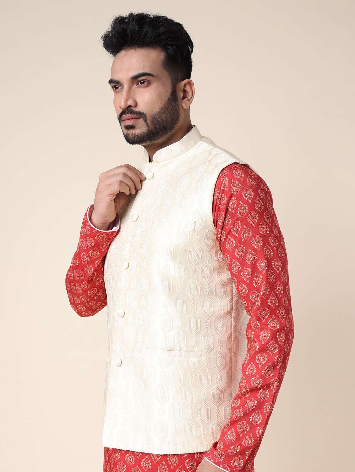 men printed mandarin neck kurta pyjama with jacket ethnic wear set - 22228002 -  Standard Image - 1
