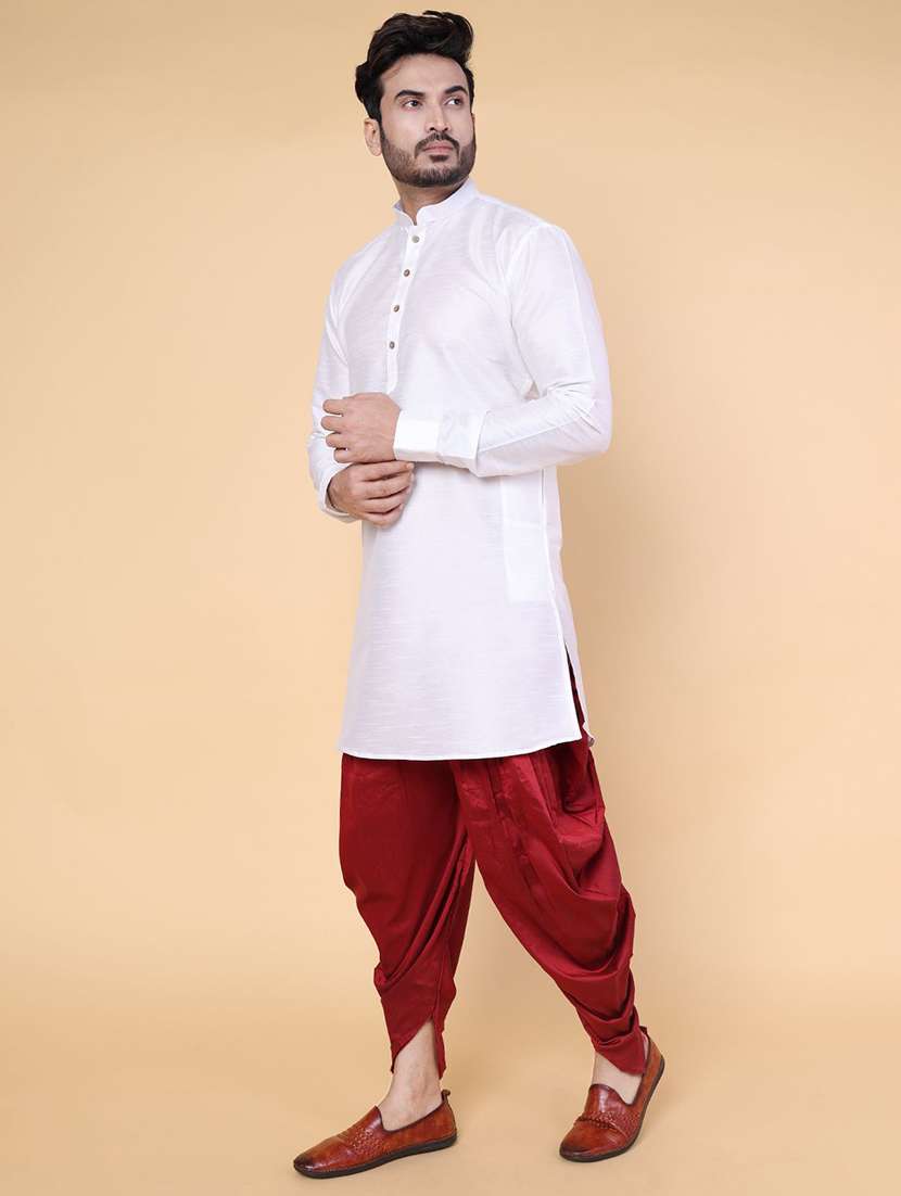 men solid mandarin neck dhoti kurta ethnic wear set - 22228006 -  Standard Image - 1