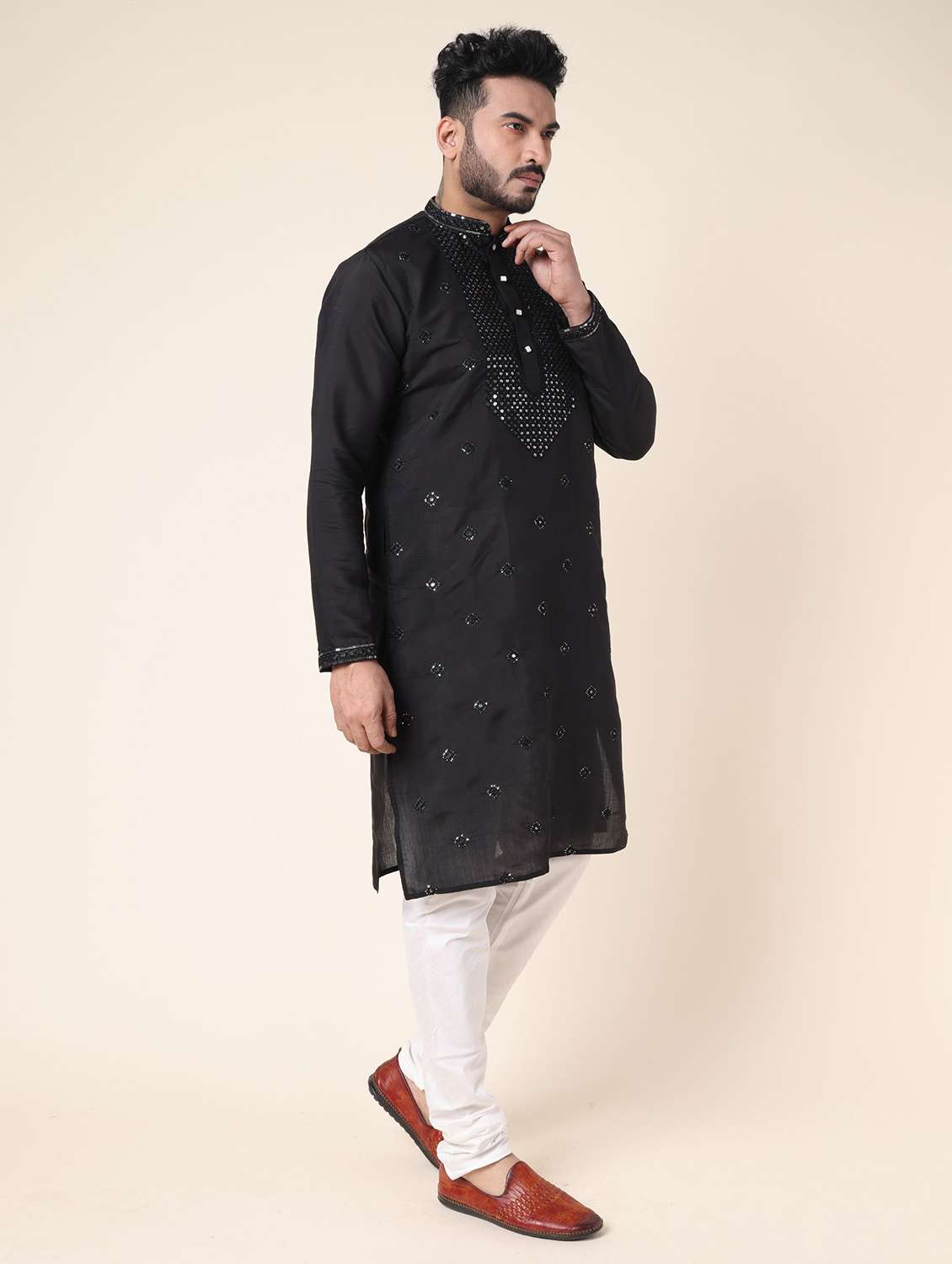men solid with work long sleeve kurta churidar ethnic wear set - 22228016 -  Standard Image - 1