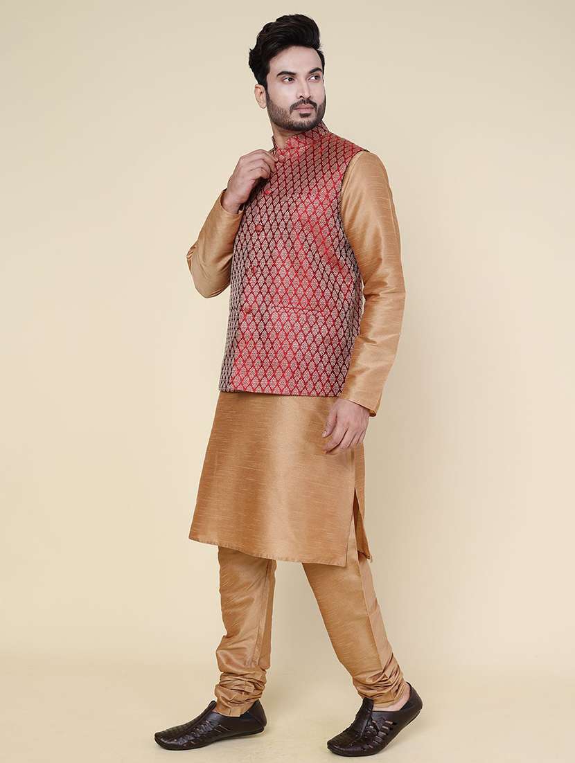 men solid mandarin neck kurta pyjama with jacket ethnic wear set - 22228019 -  Standard Image - 1