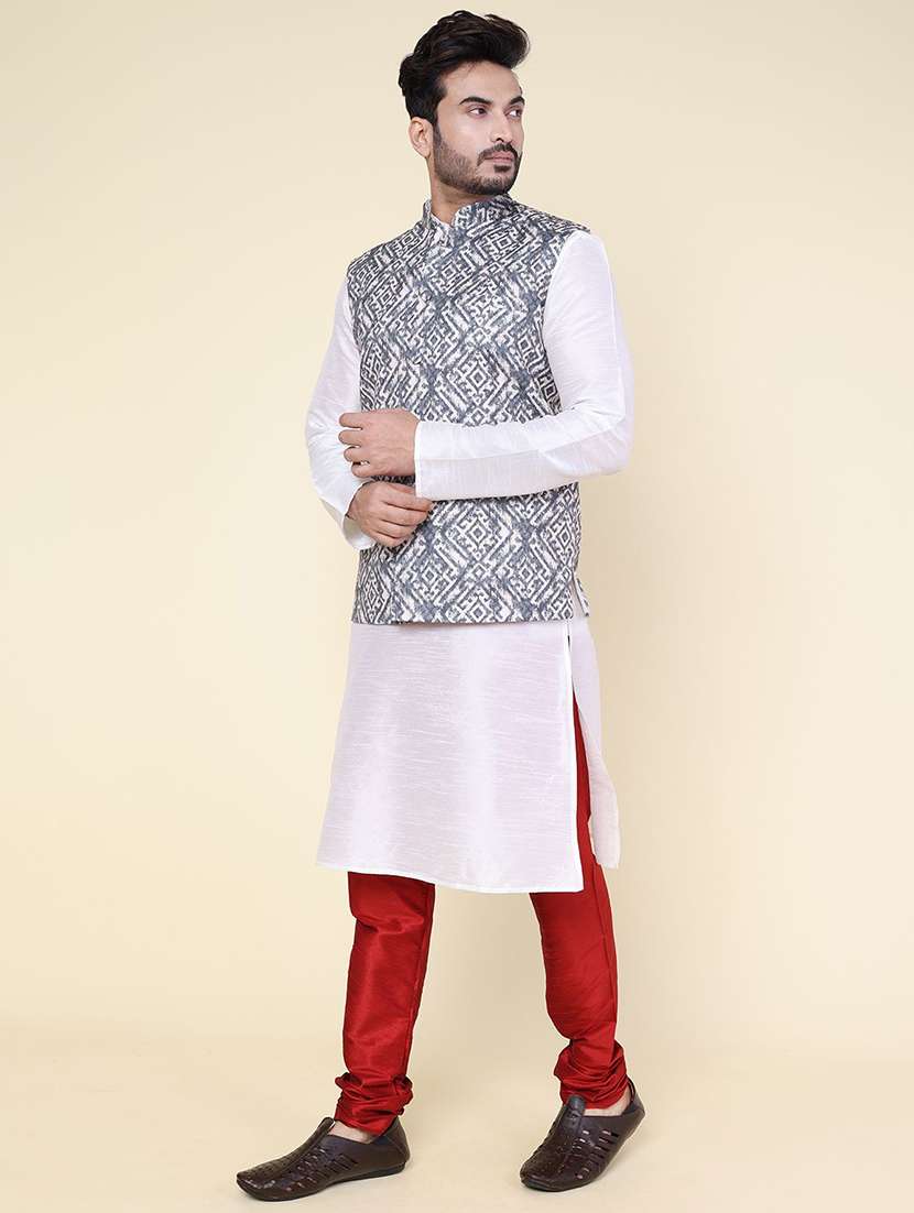 men solid mandarin neck kurta pyjama with jacket ethnic wear set - 22228020 -  Standard Image - 1