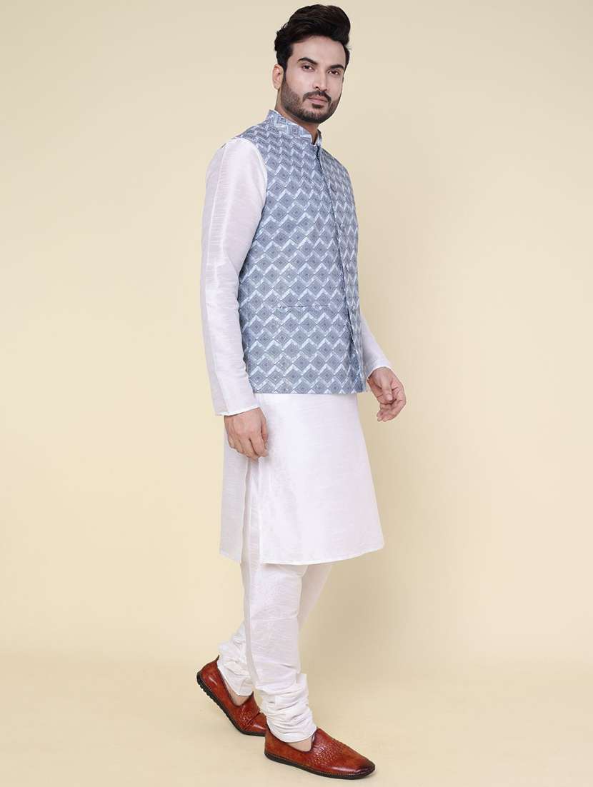 men solid mandarin neck kurta pyjama with jacket ethnic wear set - 22228021 -  Standard Image - 1