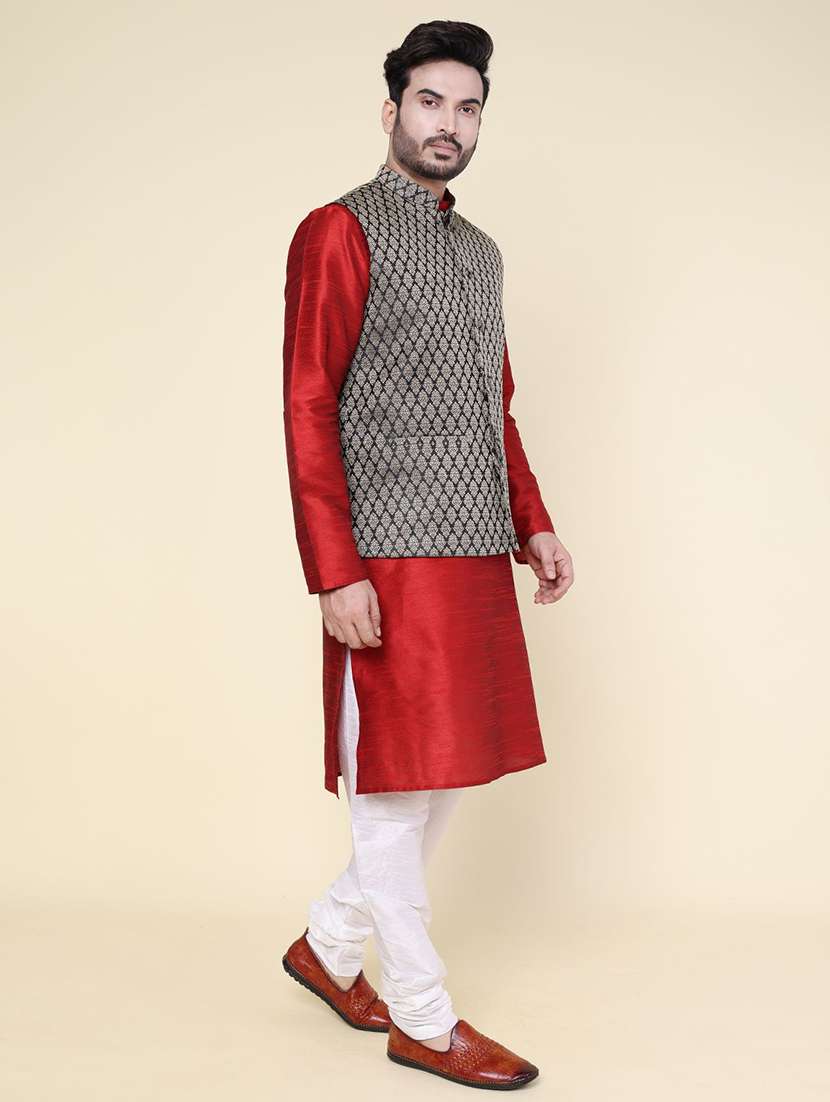 men solid mandarin neck kurta pyjama with jacket ethnic wear set - 22228023 -  Standard Image - 1