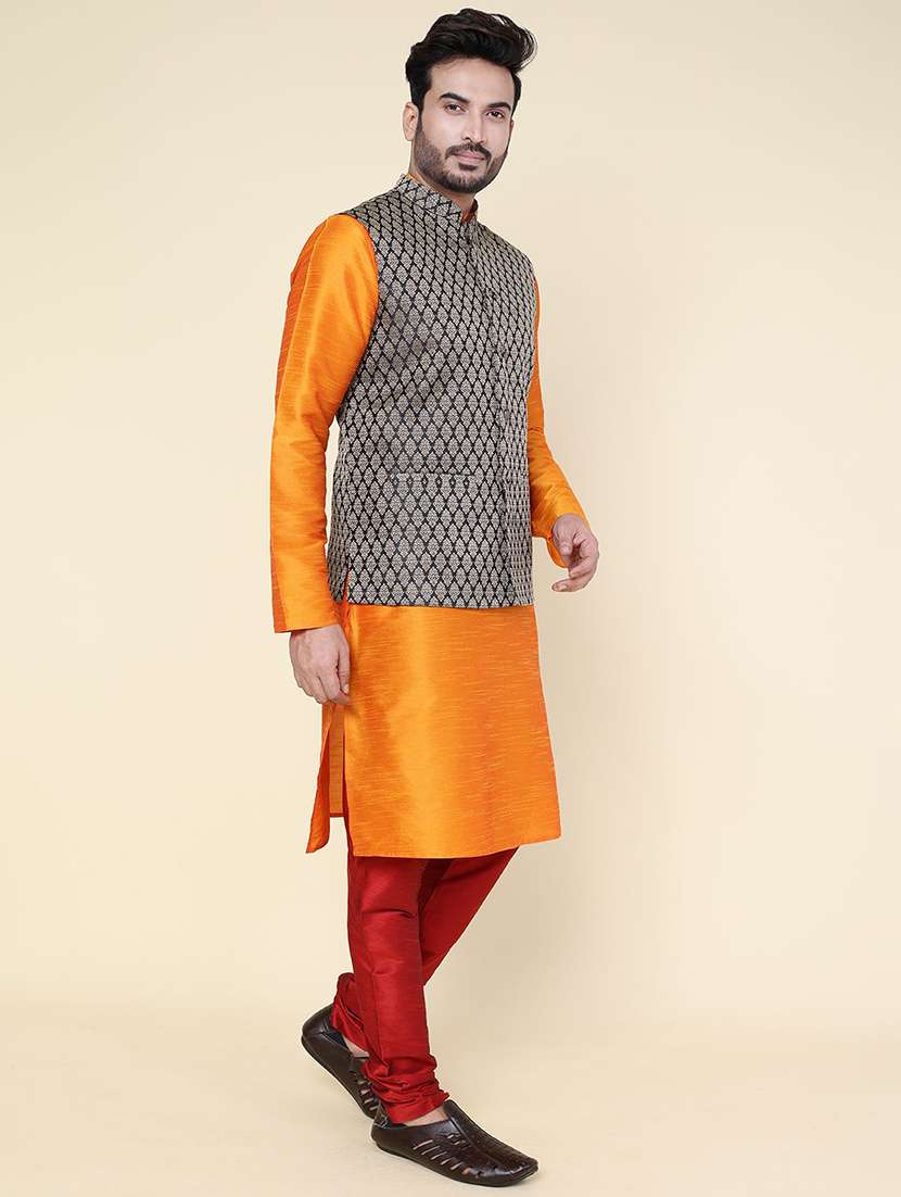 men solid mandarin neck kurta pyjama with jacket ethnic wear set - 22228029 -  Standard Image - 1