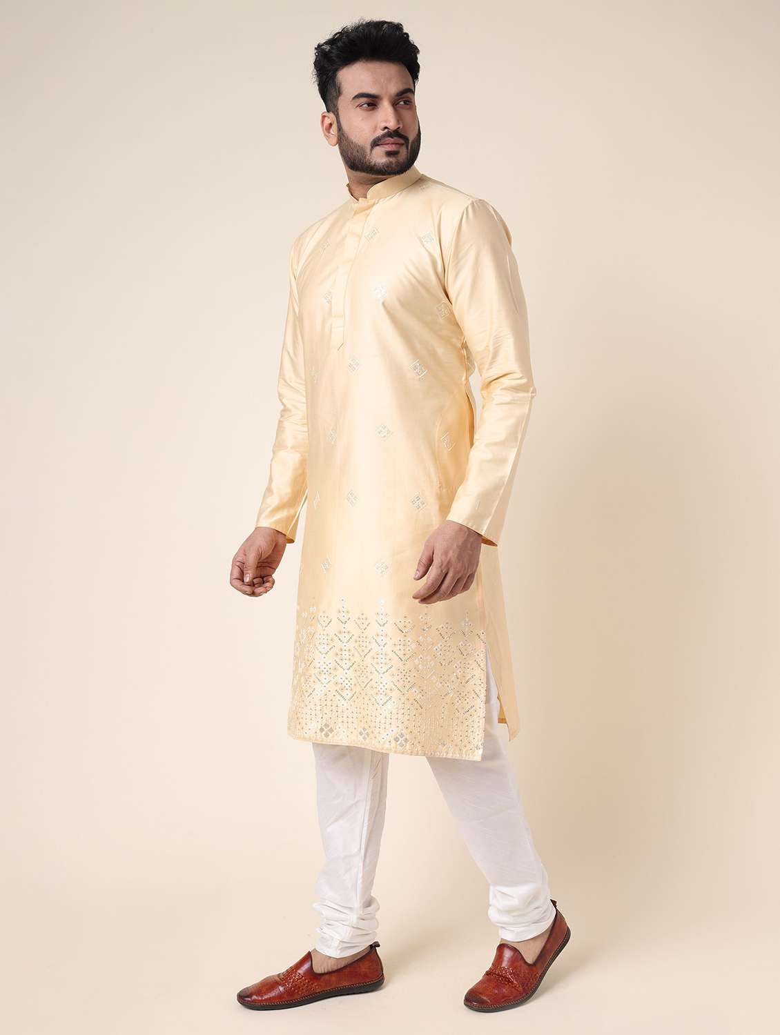men solid with work long sleeve kurta churidar ethnic wear set - 22228033 -  Standard Image - 1