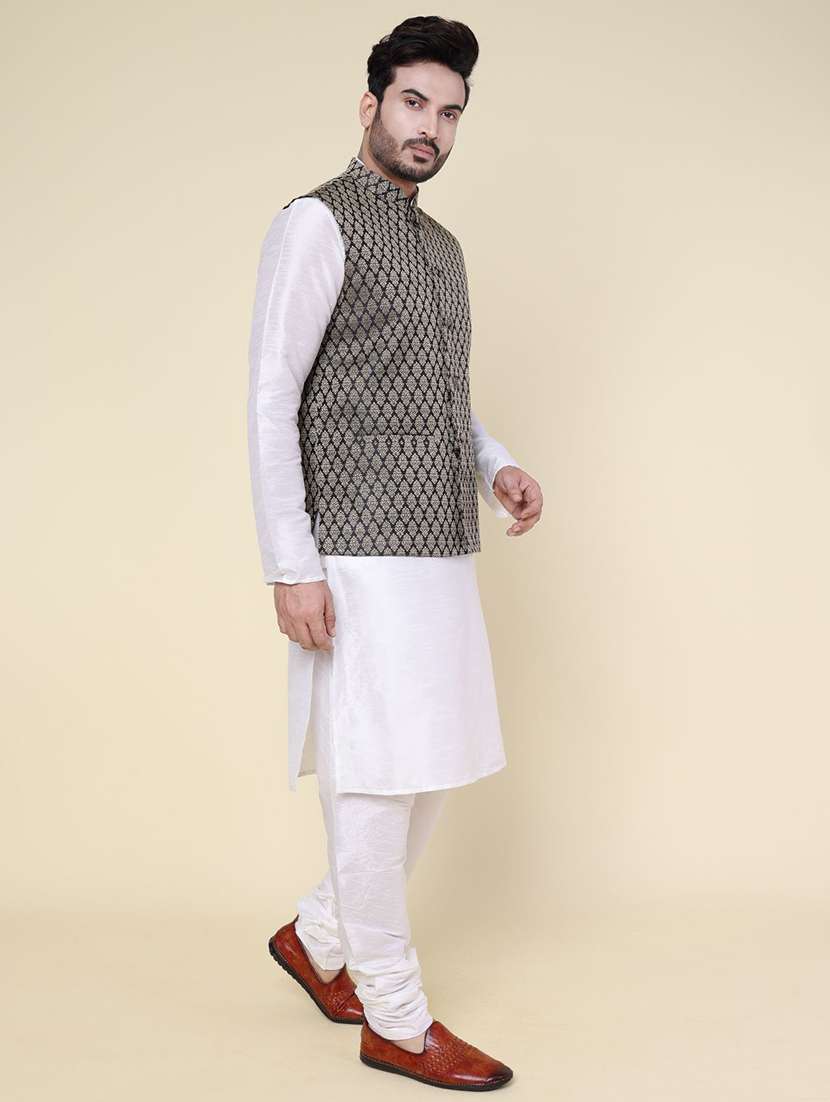 men solid mandarin neck kurta pyjama with jacket ethnic wear set - 22228034 -  Standard Image - 1