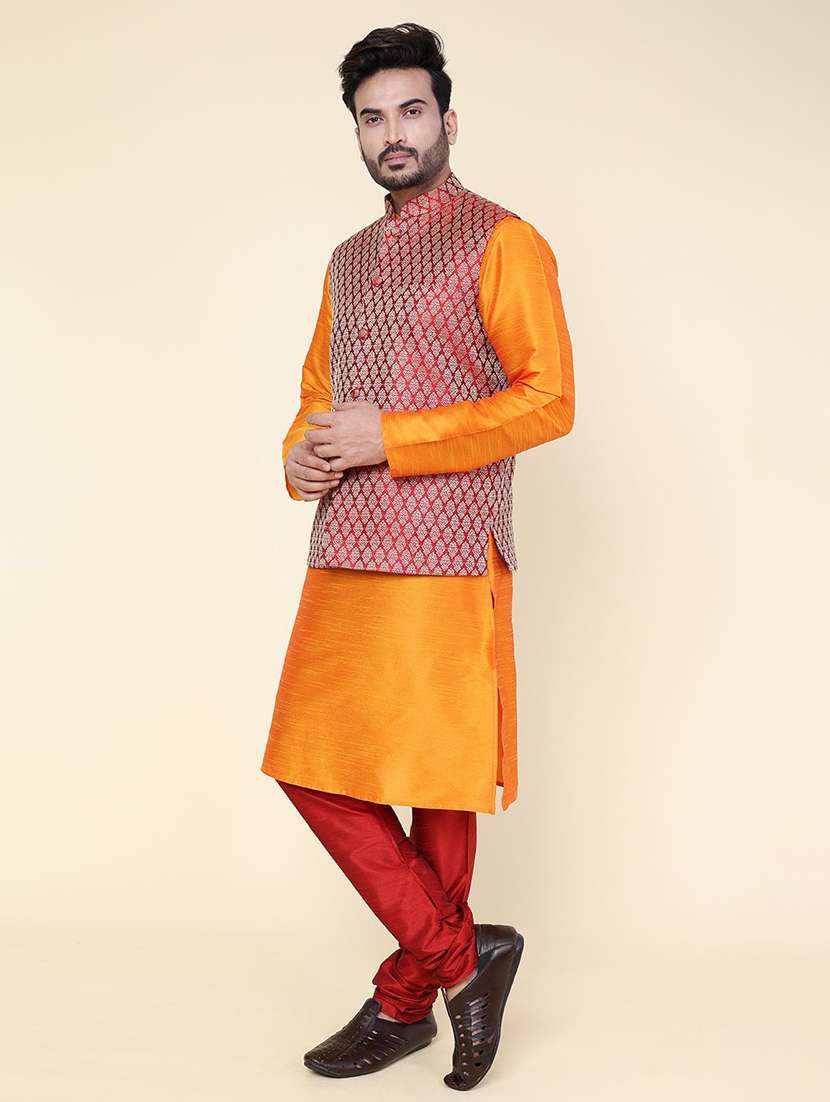 men solid mandarin neck kurta pyjama with jacket ethnic wear set - 22228036 -  Standard Image - 1