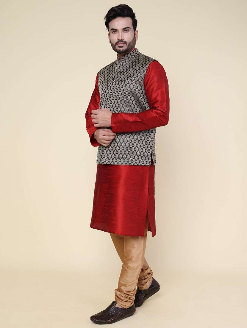 men solid mandarin neck kurta pyjama with jacket ethnic wear set - 22228039 -  Standard Image - 1