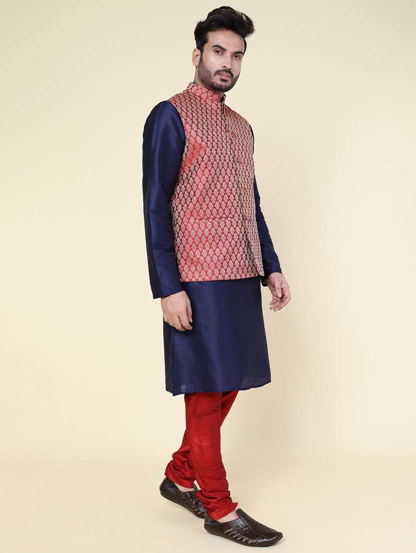 men solid mandarin neck kurta pyjama with jacket ethnic wear set - 22228040 -  Standard Image - 1