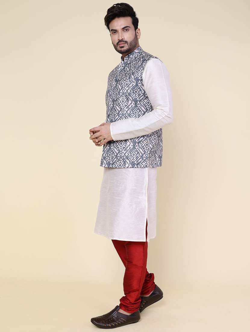 men solid mandarin neck kurta pyjama with jacket ethnic wear set - 22228046 -  Standard Image - 1