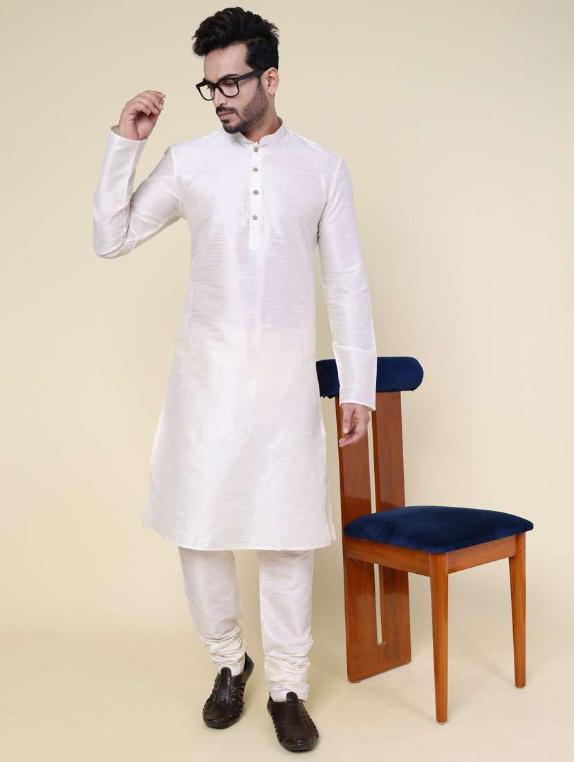 men solid long sleeve kurta churidar ethnic wear set