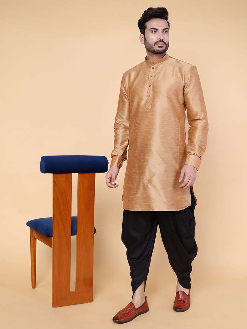 men solid mandarin neck dhoti kurta ethnic wear set