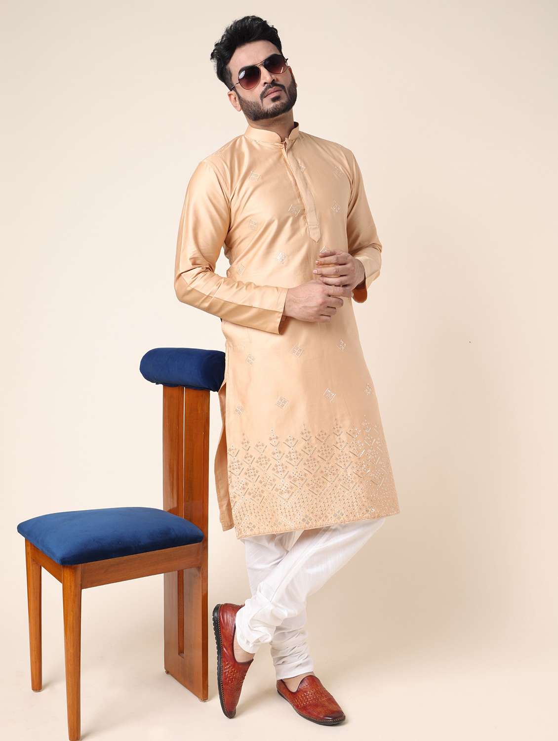 men solid with work long sleeve kurta churidar ethnic wear set