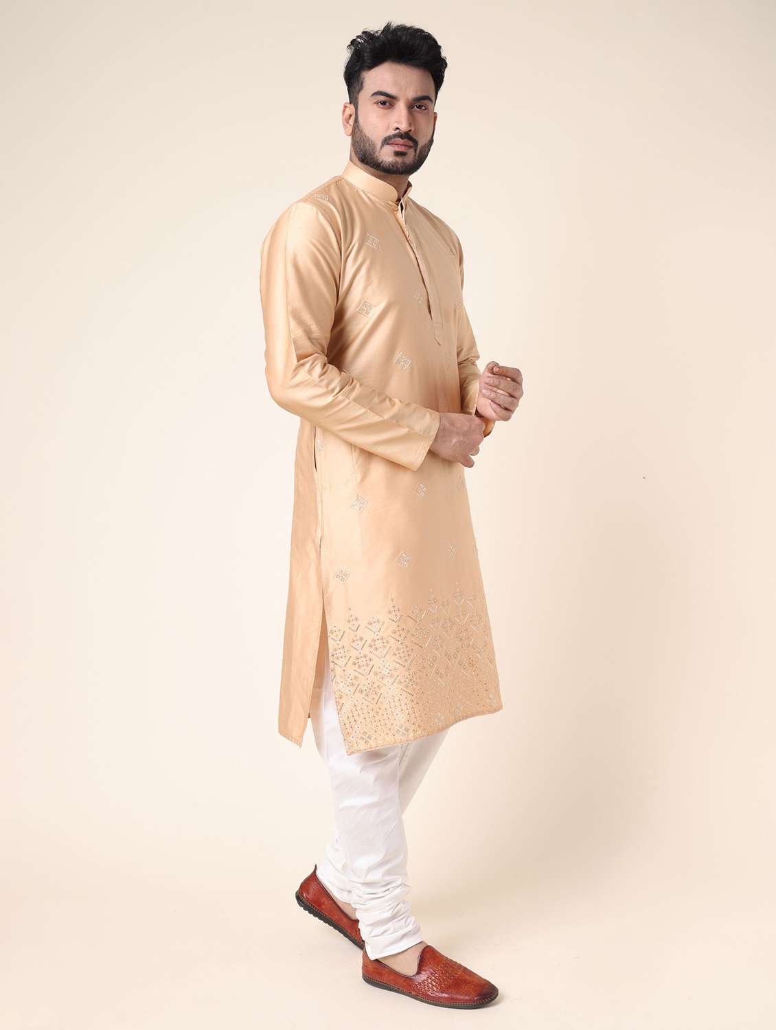 men solid with work long sleeve kurta churidar ethnic wear set - 22228052 -  Standard Image - 1