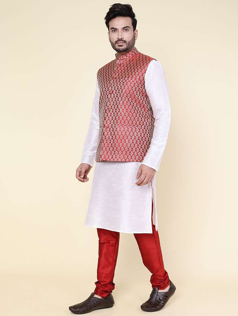 men solid mandarin neck kurta pyjama with jacket ethnic wear set - 22228059 -  Standard Image - 1
