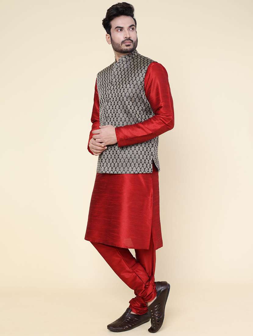 men solid mandarin neck kurta pyjama with jacket ethnic wear set - 22228061 -  Standard Image - 1