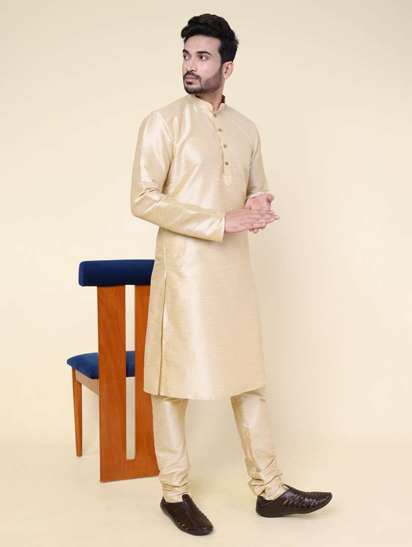 men solid long sleeve kurta churidar ethnic wear set