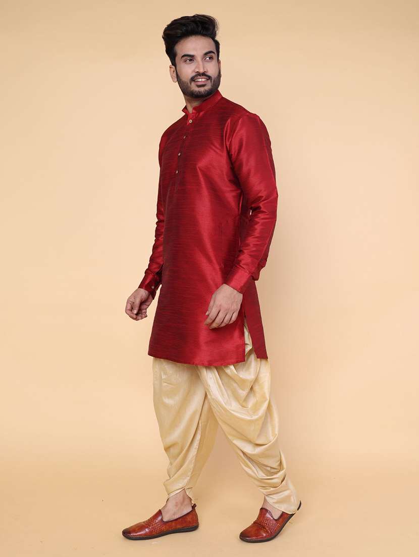 maroon silk blend dhoti kurta ethnic wear set - 22228076 -  Standard Image - 1