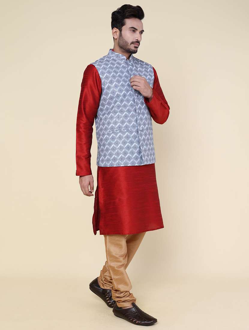 men solid mandarin neckkurta pyjama with jacket ethnic wear set - 22228080 -  Standard Image - 1