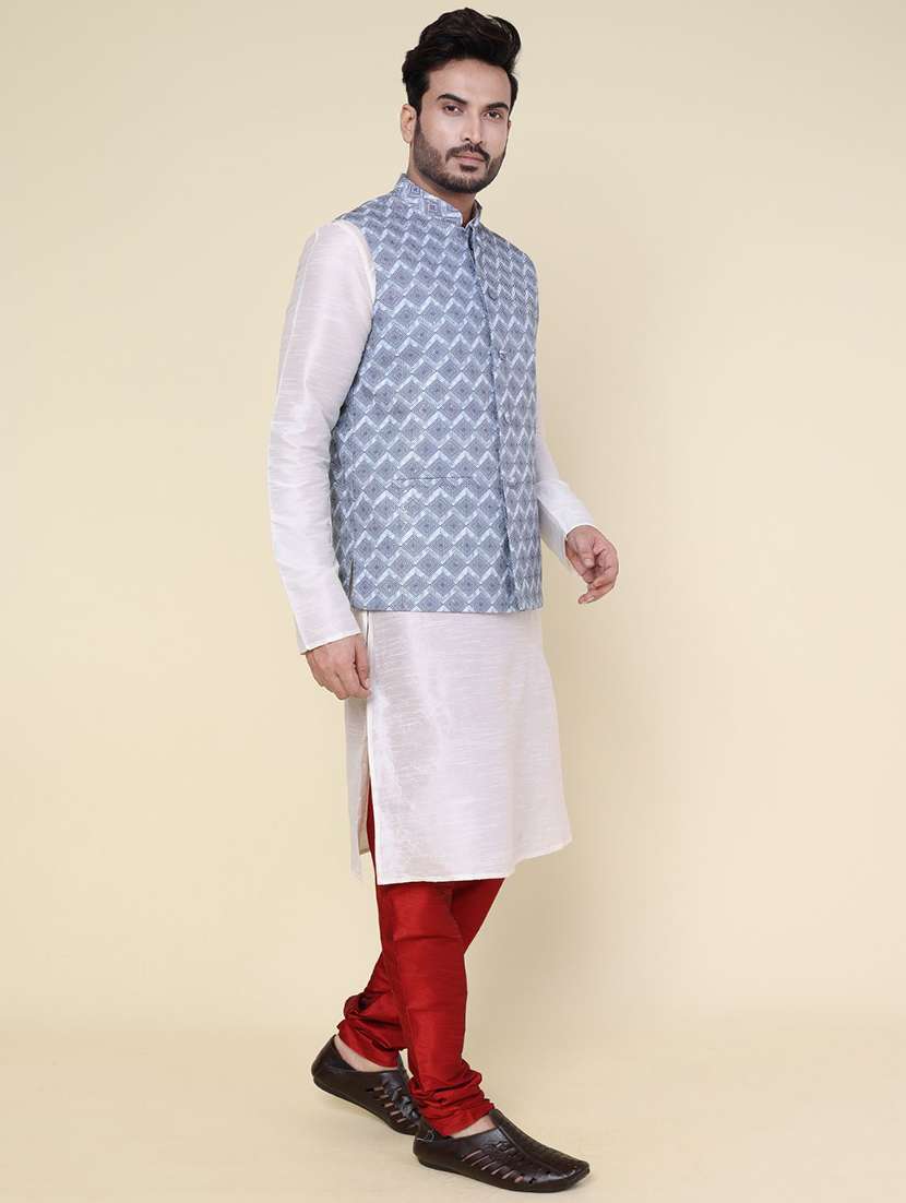 men solid mandarin neck kurta pyjama with jacket ethnic wear set - 22228081 -  Standard Image - 1