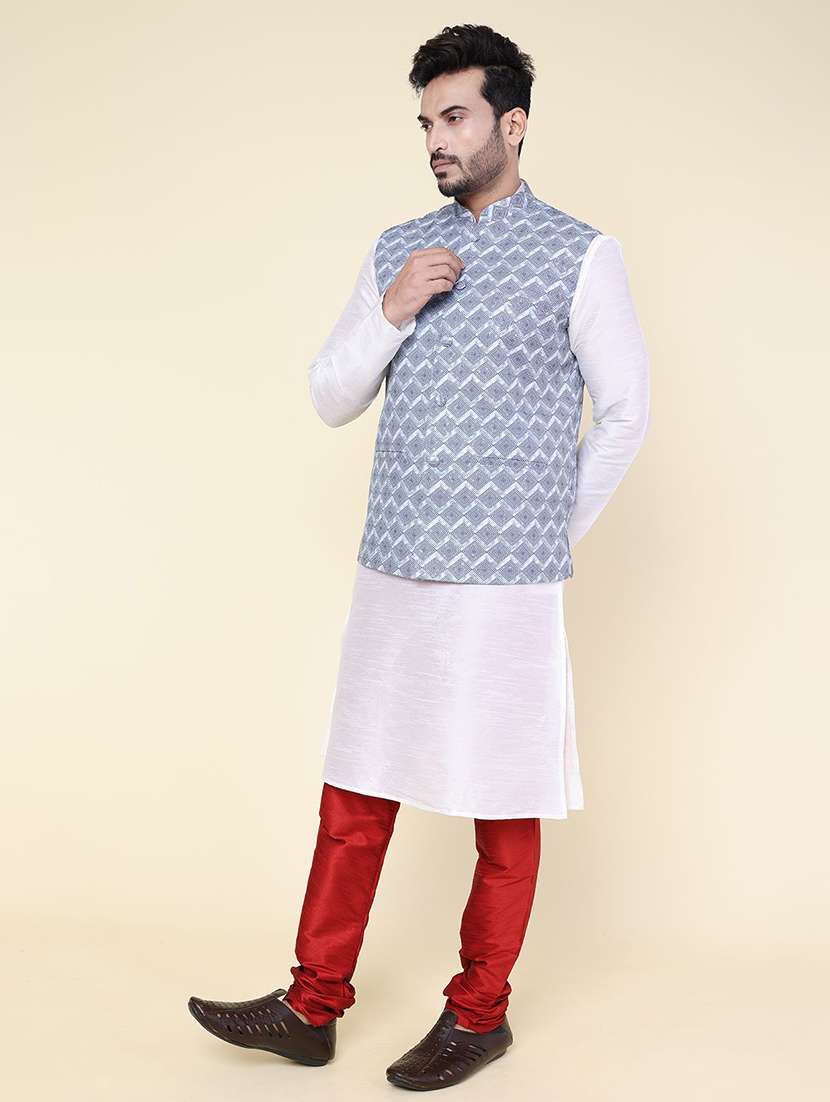 men solid mandarin neck kurta pyjama with jacket ethnic wear set - 22228086 -  Standard Image - 1