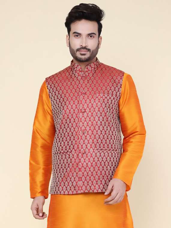 men self design mandarin neck regular fit nehru jacket