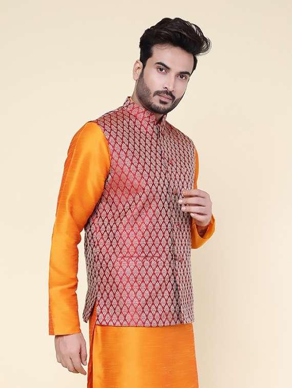 men self design mandarin neck regular fit nehru jacket - 22228092 -  Standard Image - 1