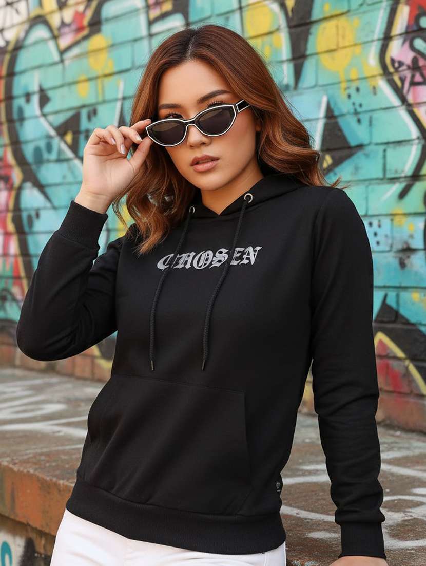 women printed long sleeve hooded sweatshirt
