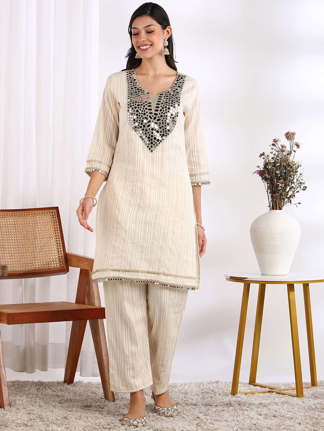 women self design three quarter sleeve ethnic co-ord set - 22228268 -  Standard Image - 1